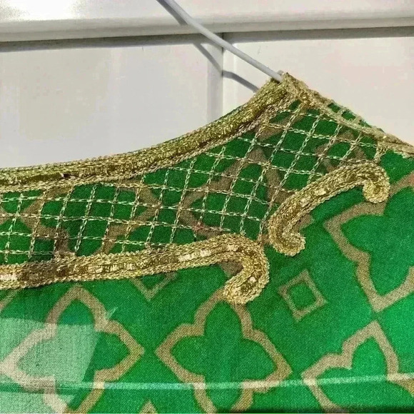 MONISHA JAISING FOR TABLA - GREEN TILE PATERN LONG TUNIC Gold TRIM Size S NWOT - Picture 6 of 9